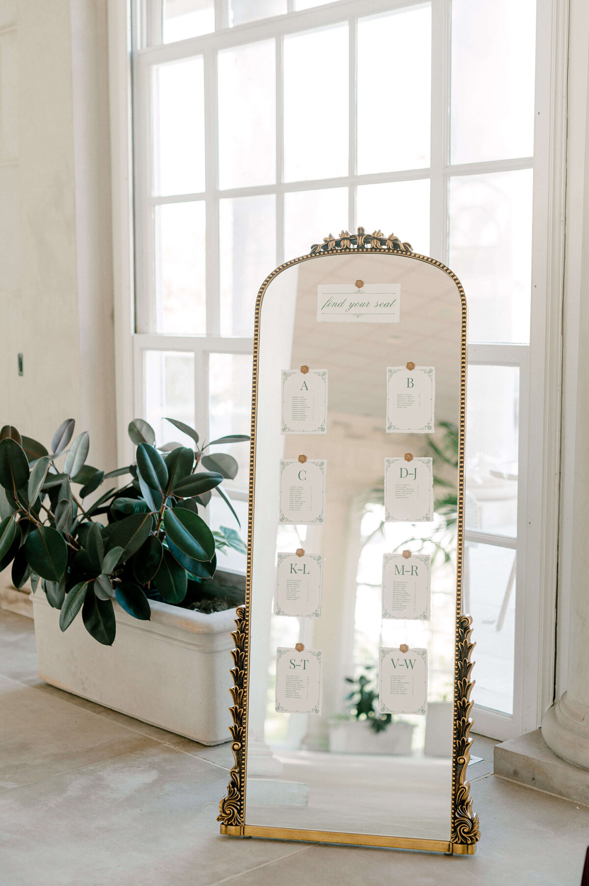 Detailed wedding seating chart made by deckled paper and wax seals captured by DC wedding photographer, Rachael Mattio