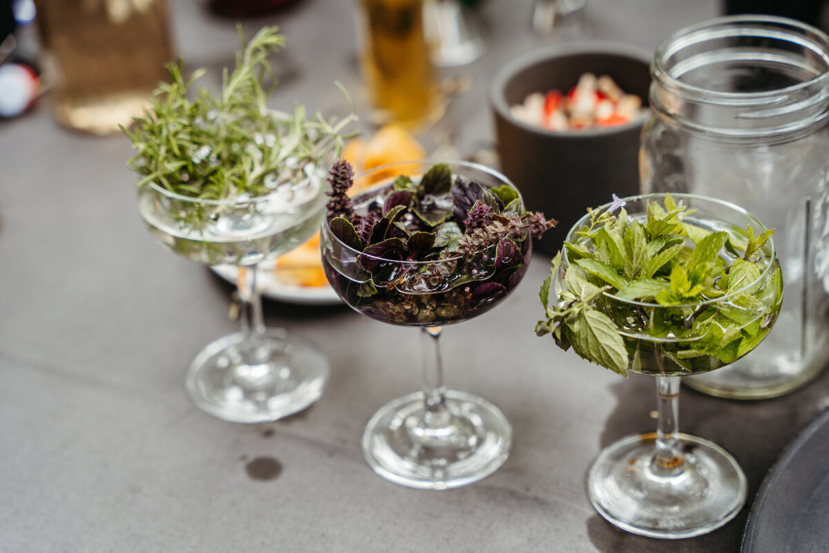 Salad assortment in glass bowls for wedding buffet