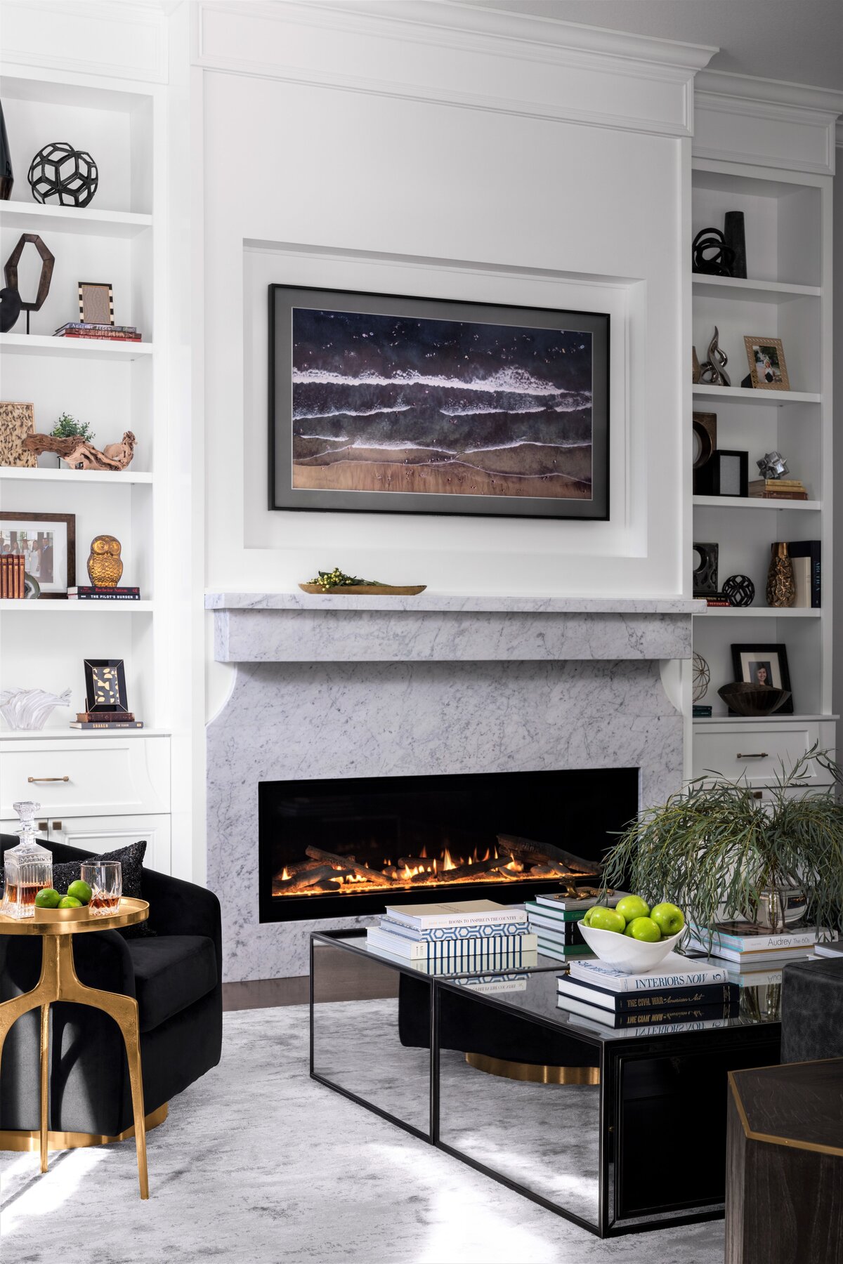 Contemporary White Living area With Fire Place
