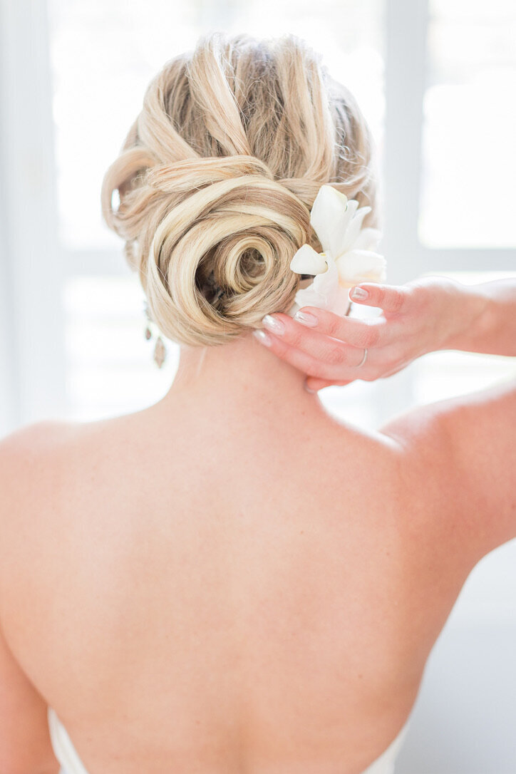 gardenia, hair flowers, strapless wedding dress, heart, updo hair style 