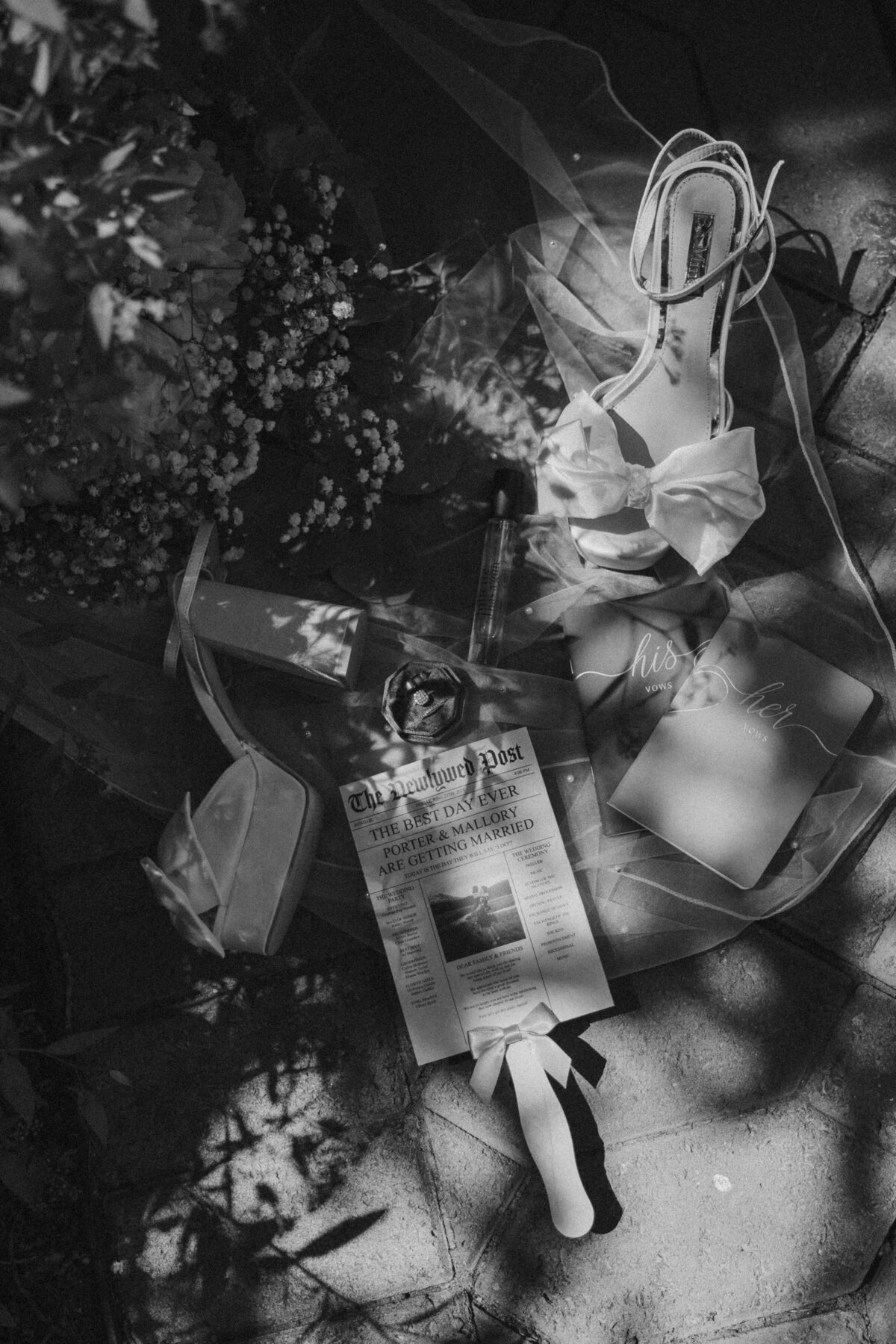 Flat Lay of Bridal Details with Newspaper and Vows | Artistic Oregon Wedding Detail Photography