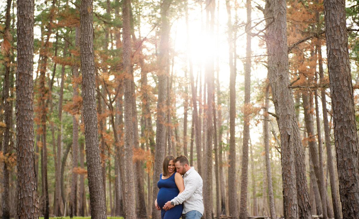 maternity photos in tall trees at sunset