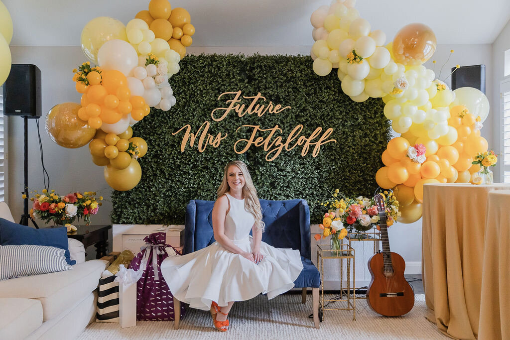 Backdrop, hedge, balloons, music, bridal shower, lemon