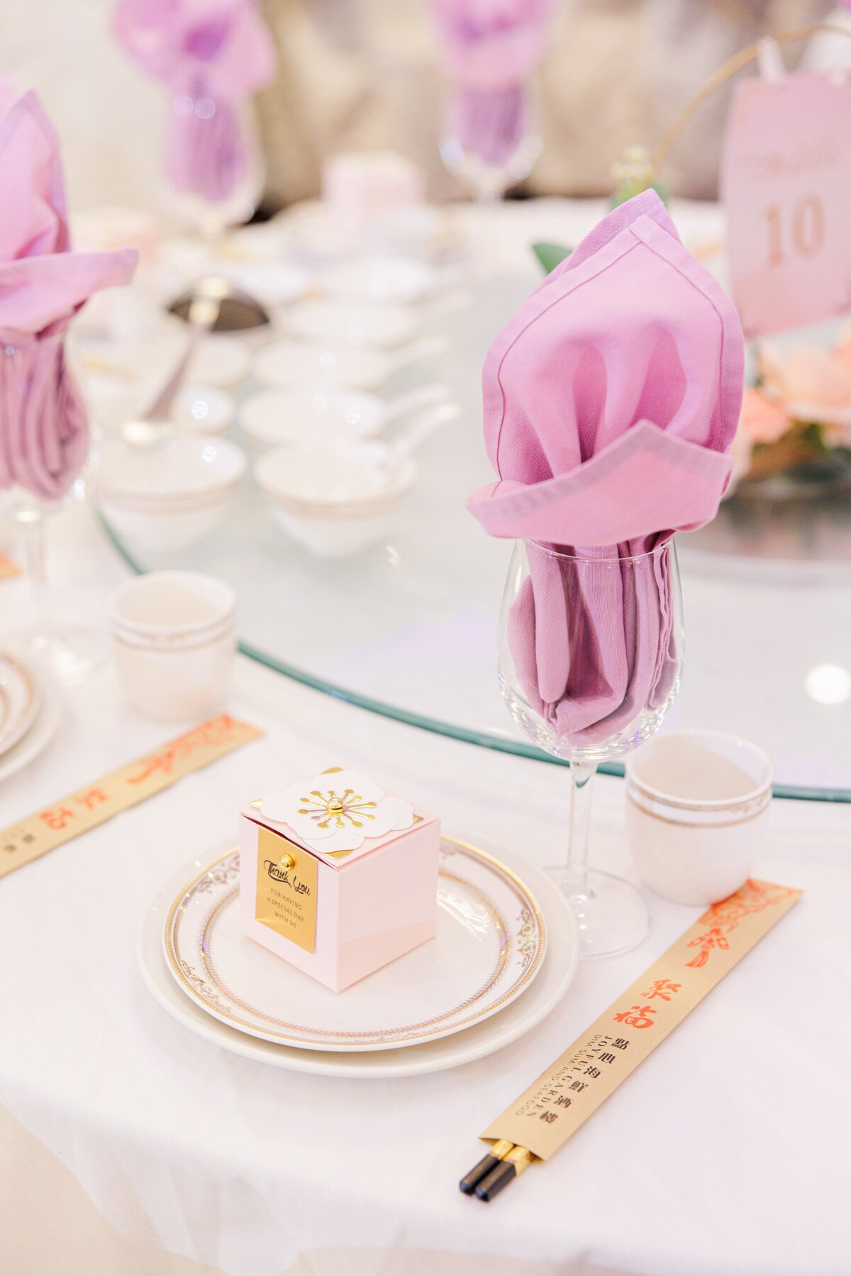 Reception table set up for Chinese American wedding reception in Boston