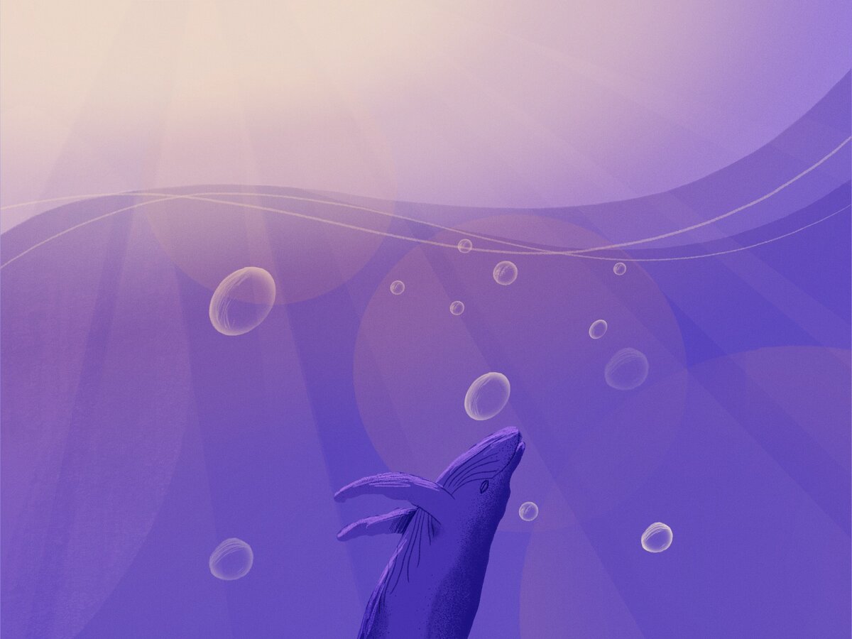 Digital illustration of whale moving through sunbeams and bubbles upwards to the ocean surface