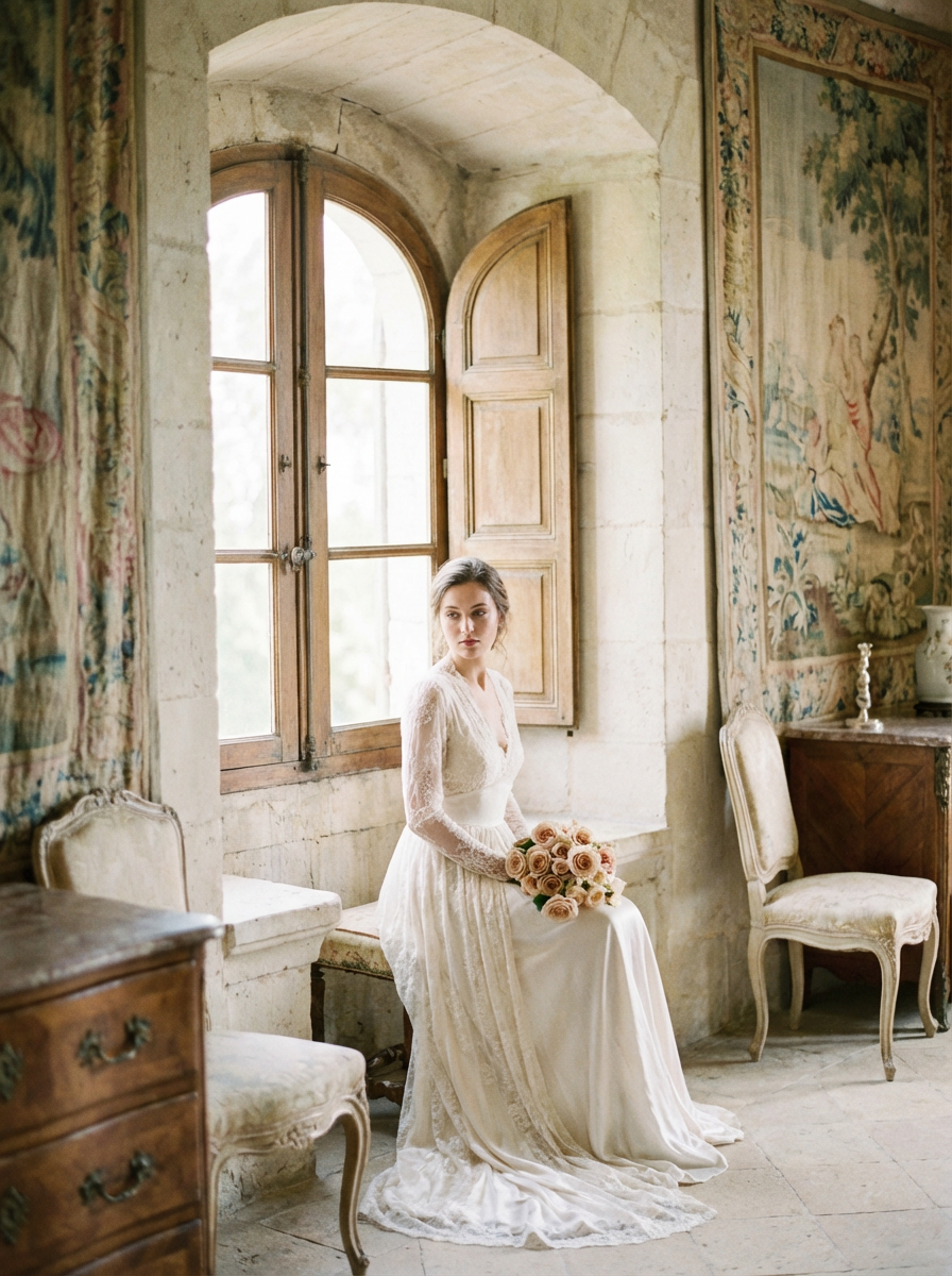 Firefly_Gemini Flash_Fine-art bridal film portrait captured in soft natural window light. The bride in a t 219935