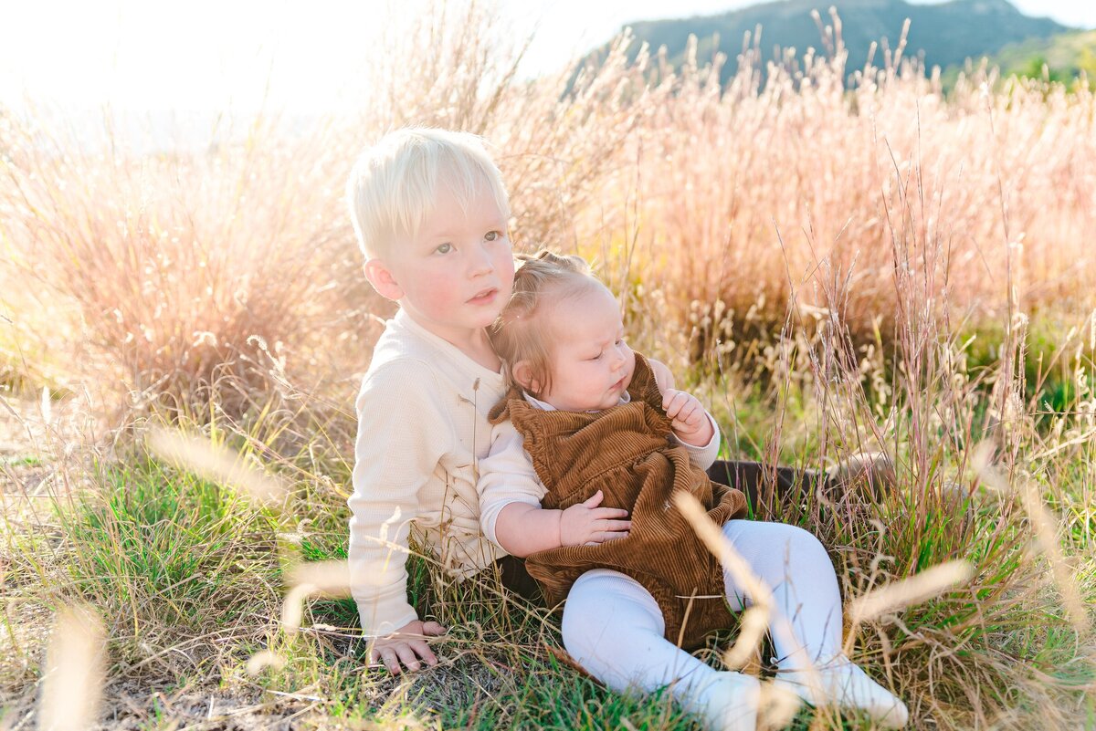 A toddler boy and infant girl sit next to each other in long golden grass as a denver family photographer captures their smiles