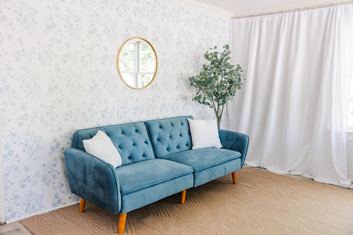 Greer Studio Floral Room with blue couch