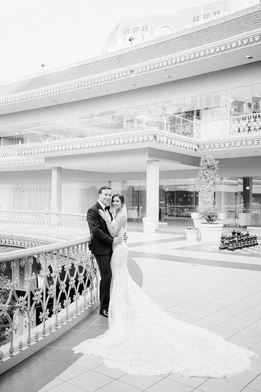 Bride and groom black and white shot at  at Hotel Crescent Court, Dallas