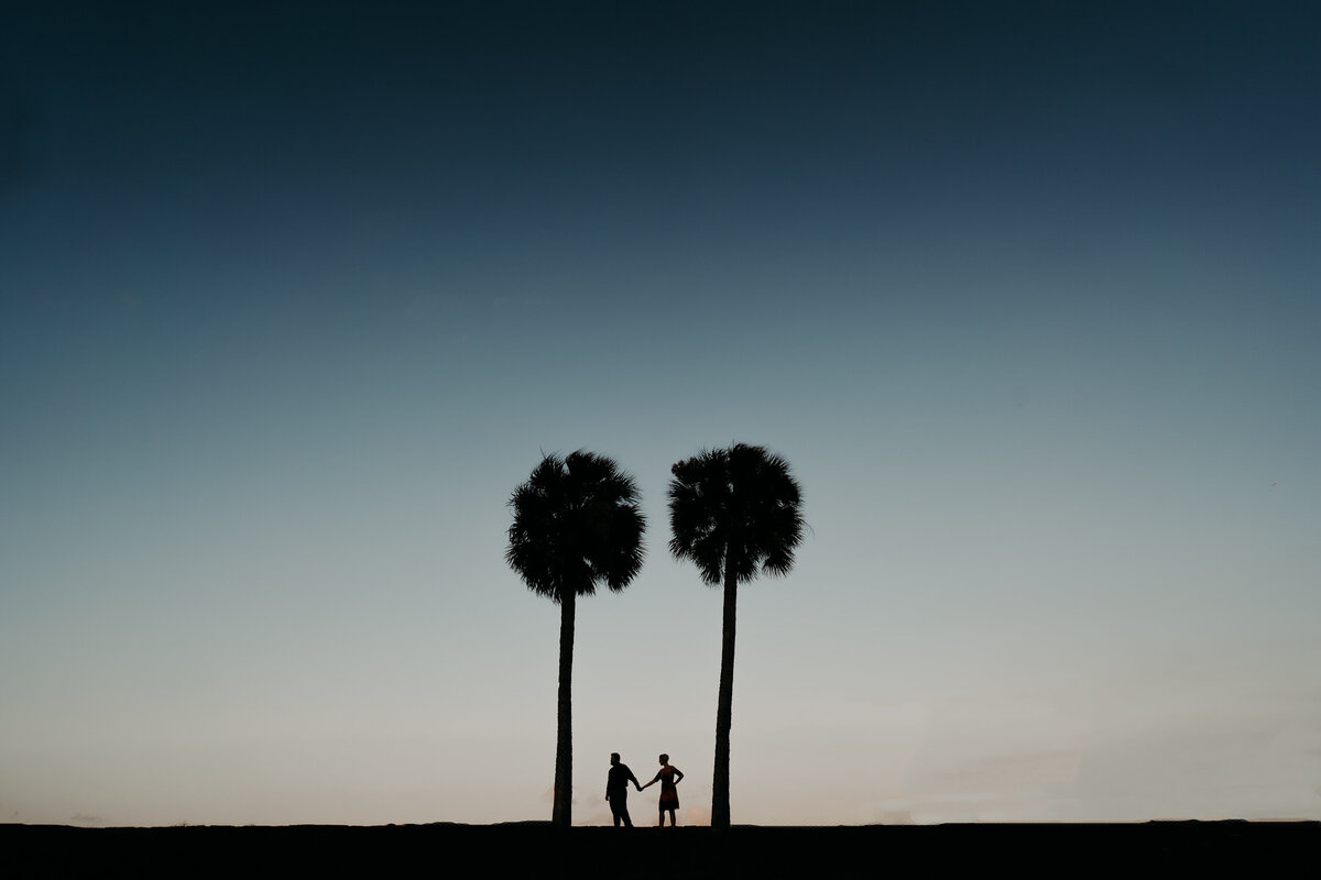 silhouette of couple standing between 2 trees