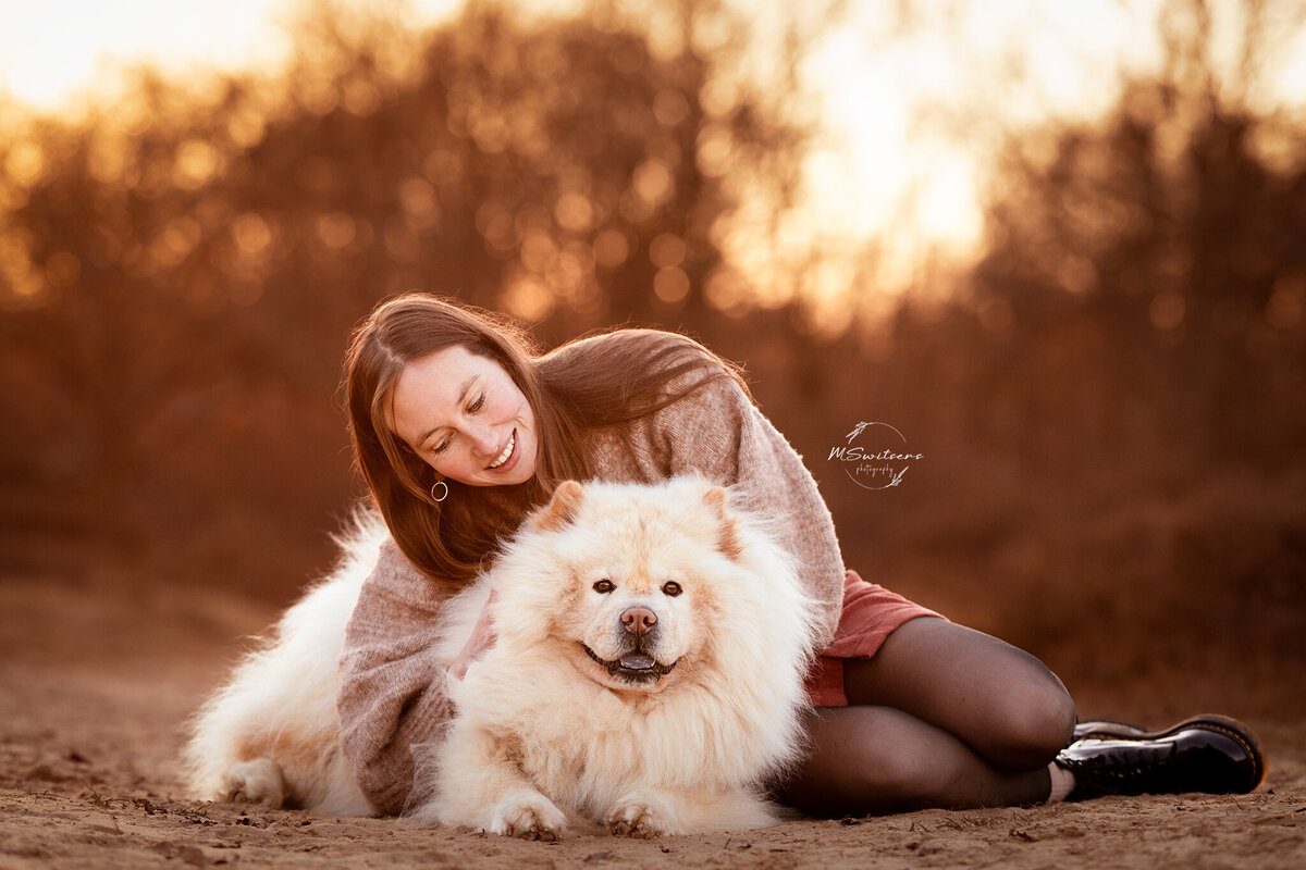 Hondenfotografie in de Kesselse Heide bij zonsondergang in een winterse setting.