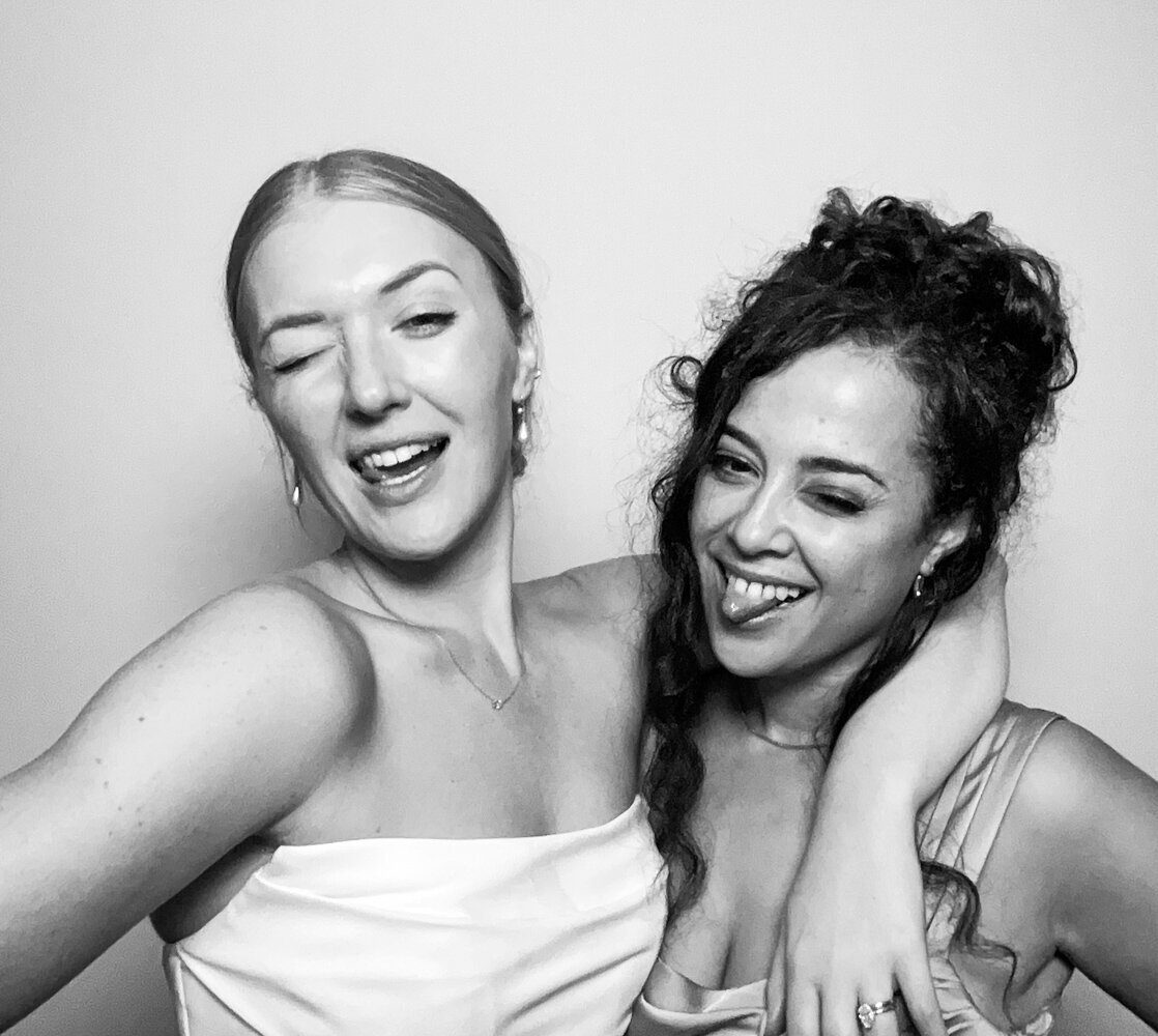 bride and friend posing for a b&w kardashian style selfie pod rental in cotswolds, at hyde house