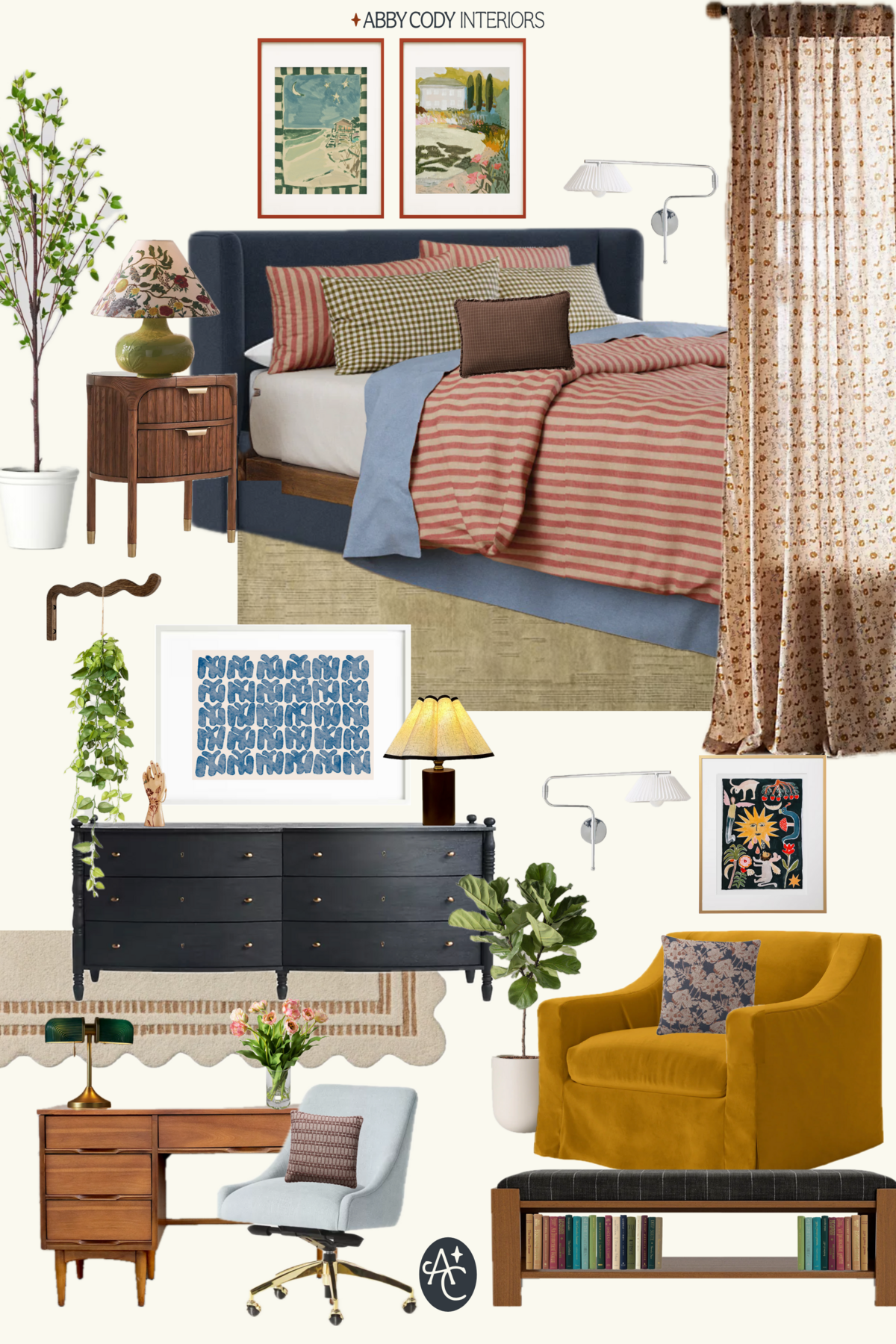 Eclectic layered mid-century modern inspired vintage furniture bedroom moodboard with Anthropologie furniture, striped bedding, greenery, mixed metals. 