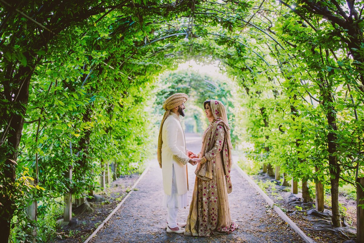 pakistani bride and groom share a moment under the tree tunnel allee at snug harbor botanical garden in staten island new york