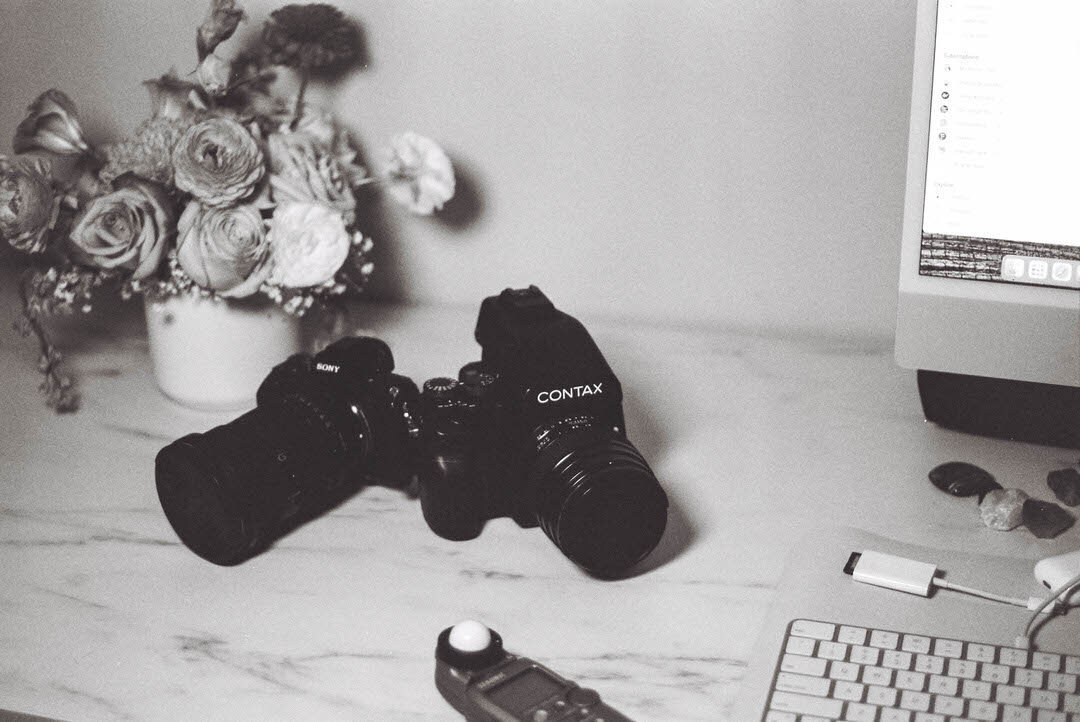 Black and white film photograph of professional cameras Contax 646 and Sony a1