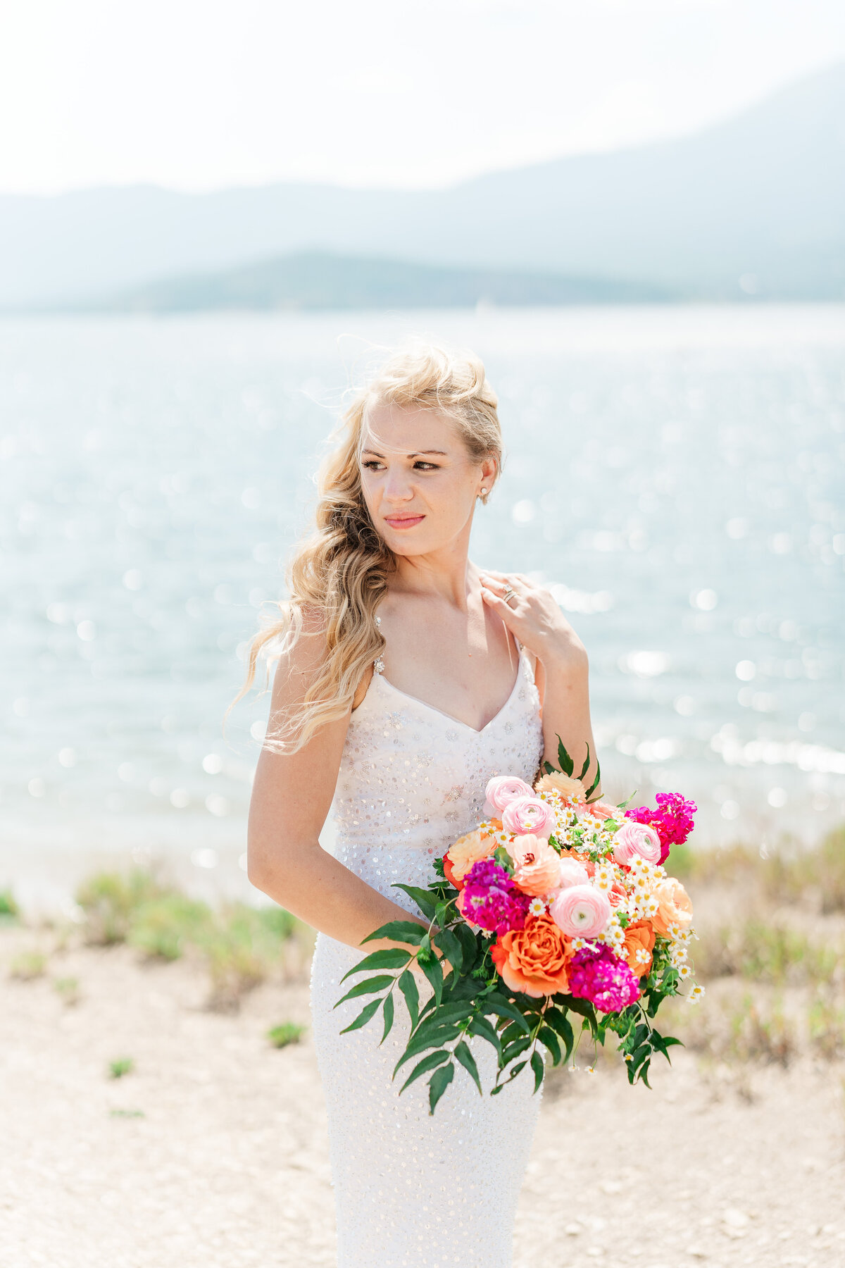 Lake Dillion Reservoir Colorado Elopement Wedding Mountain View Summer Pink and Orange Florals Sparkly Dress Light and Airy Elena Spraguer Photography0131