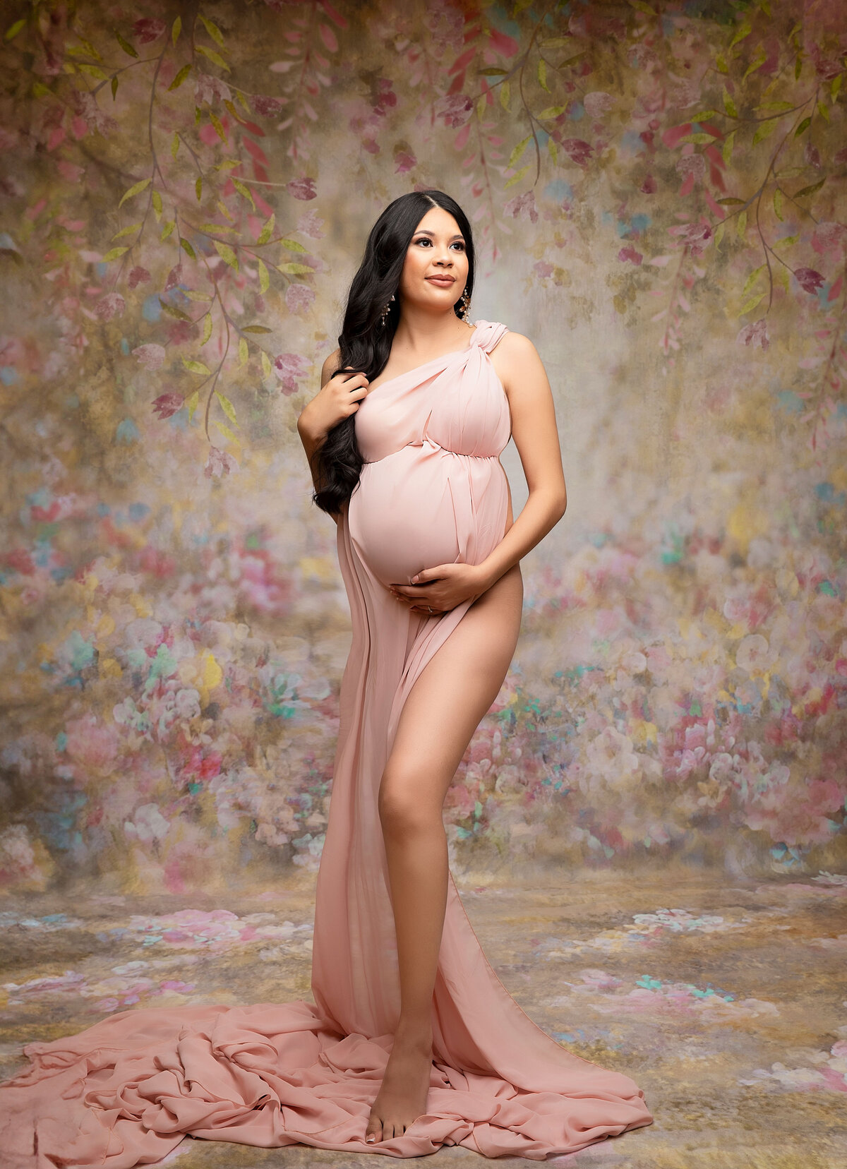 pregnant mama in blue florals maternity in Chandler Arizona