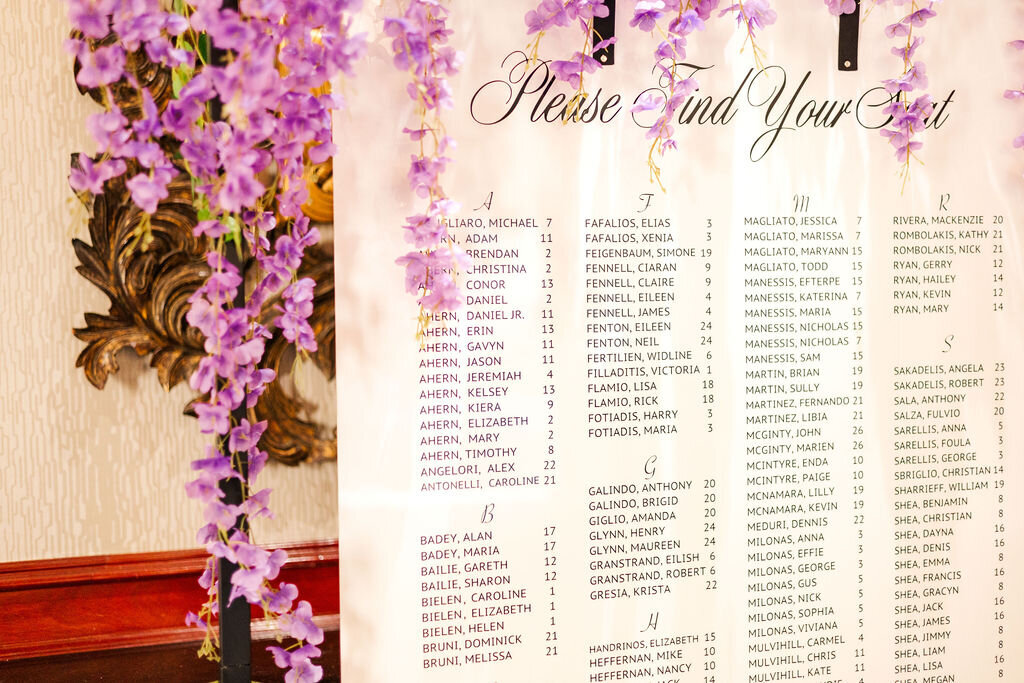 Acrylic seating chart with black text for elegant NY wedding