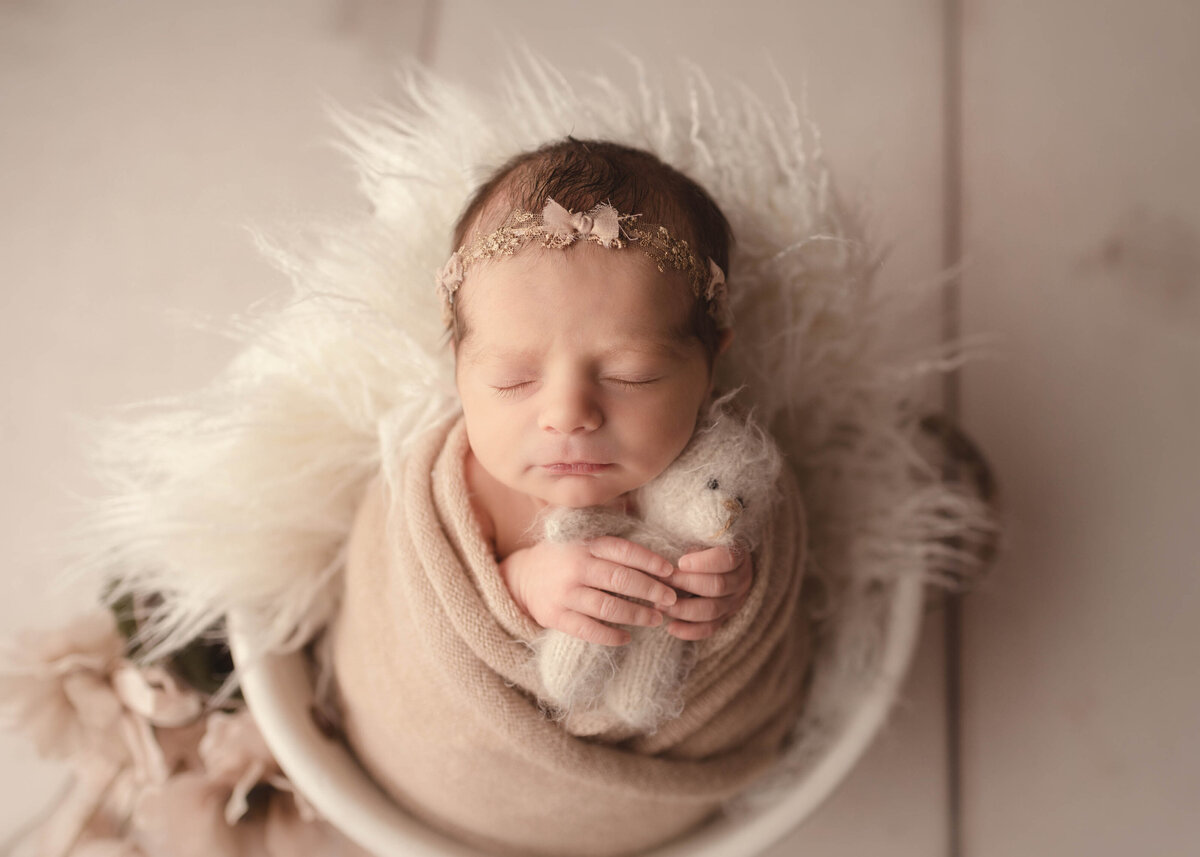 Creamy, Dreamy aerial image of sleeping baby girl in a basket holding a mini teddy bear.