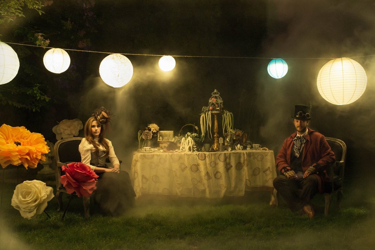 Katherine and Ryan night photo shoot - Mad Hatter Tea Party Steam Punk style