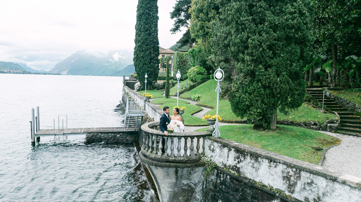 A wedding day photo of the bride and groom at Villa Aura del Lago on Lake Como in Italy