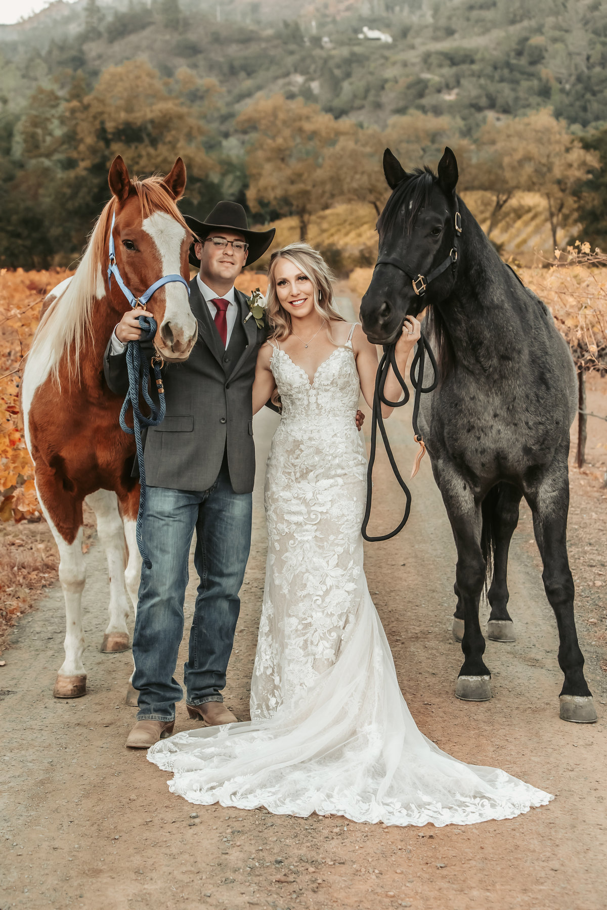 bride and groom with horses