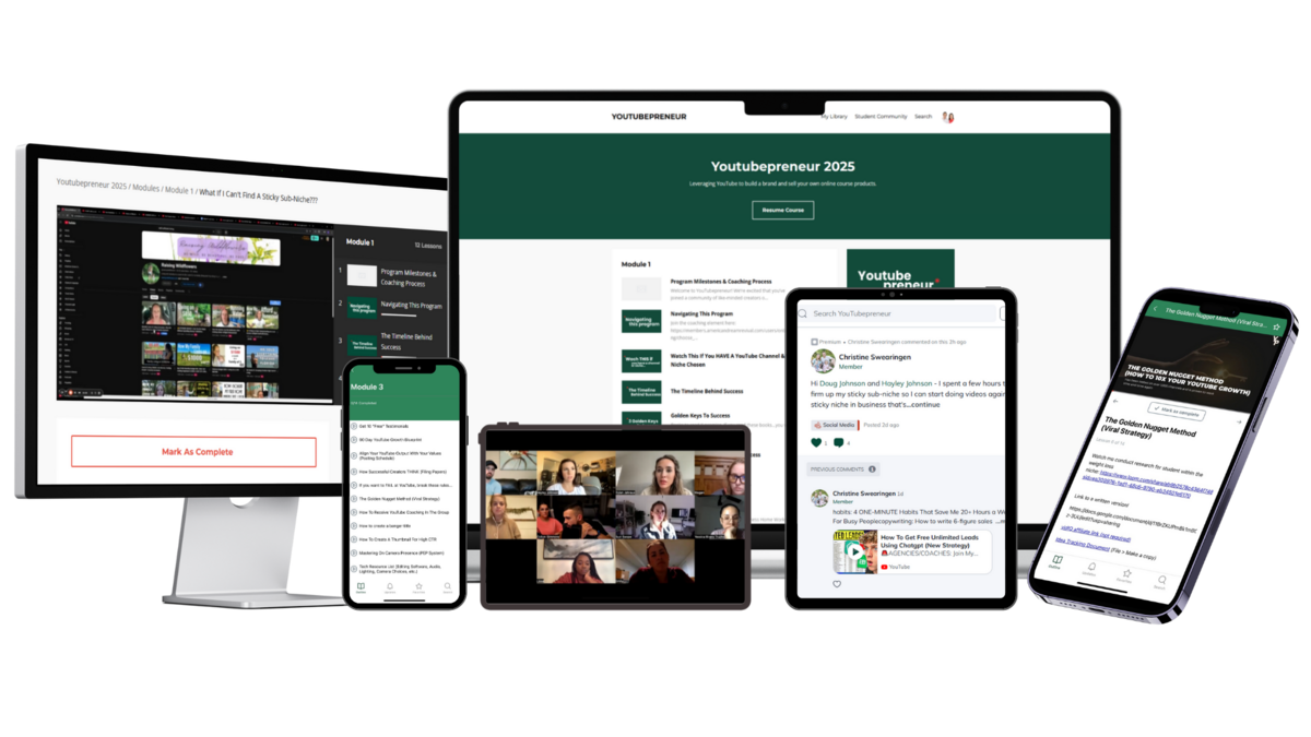 YouTubepreneur program on laptop, tablet, and phone