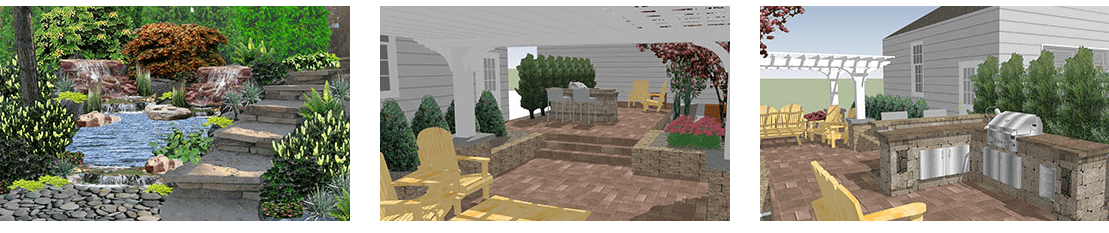 Three, side-by-side images of 3D renderings of Kansas City backyards