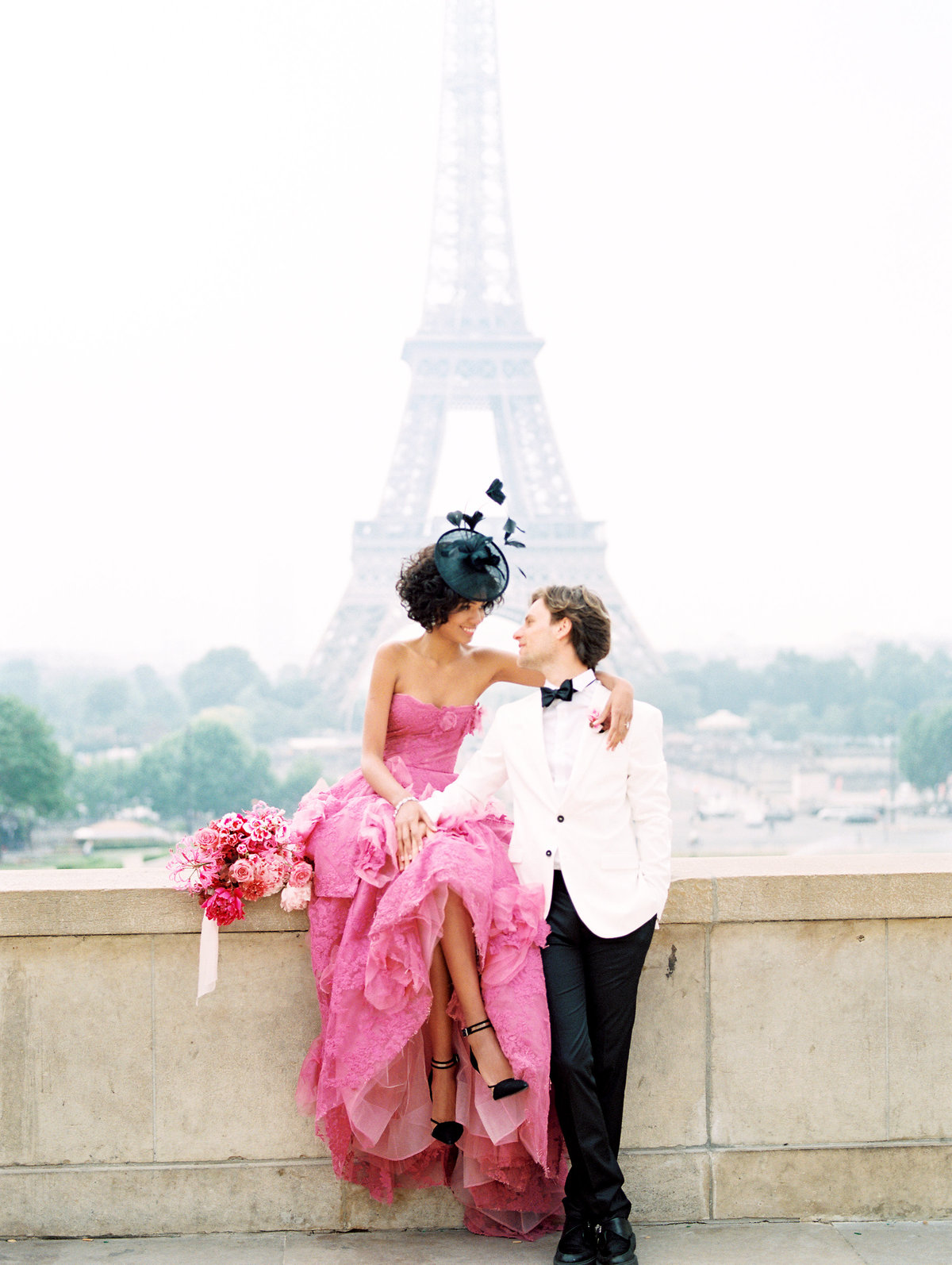 Elopement in Paris France - Marchesa Gown with Pink florals