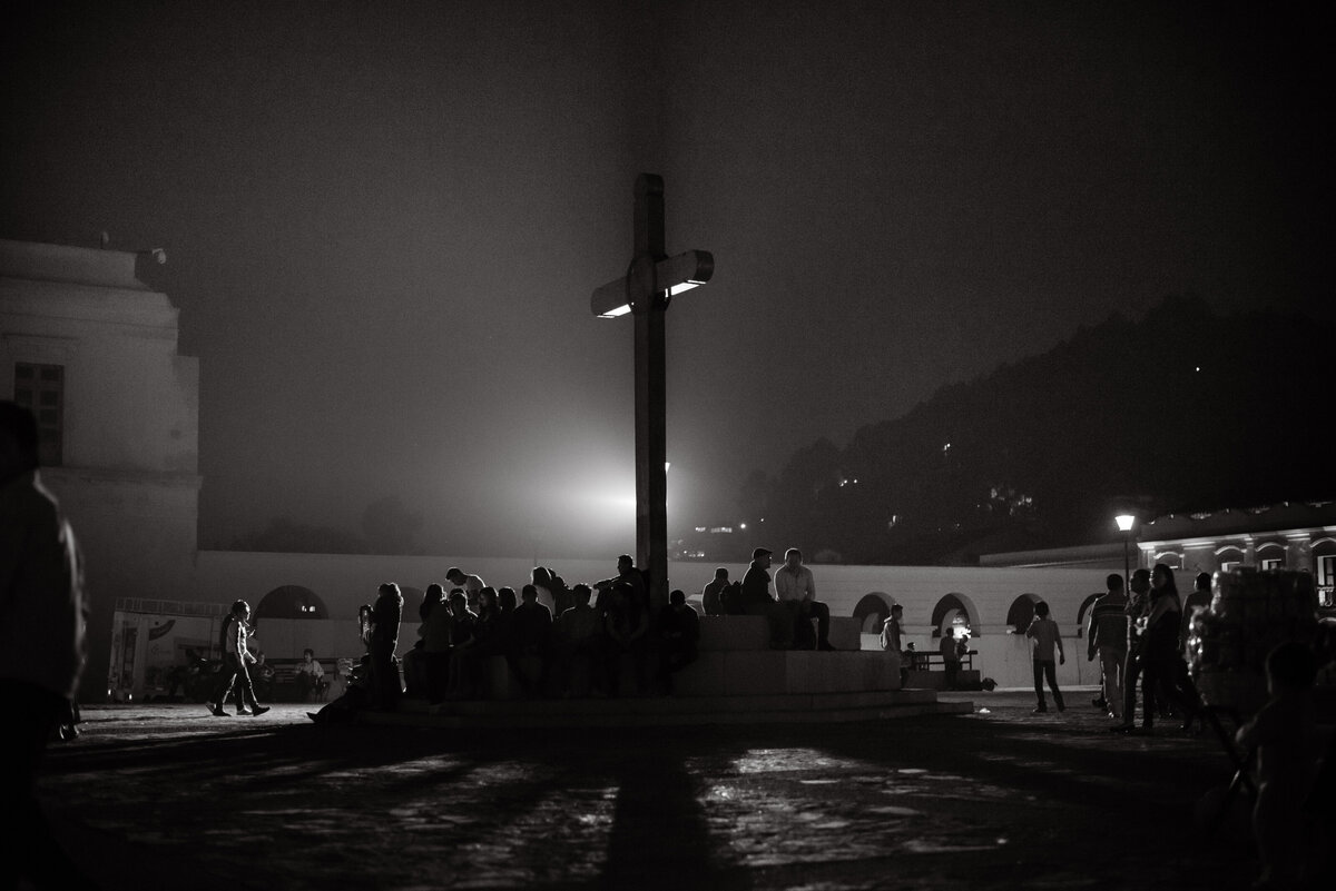 town square in mexico with large cross