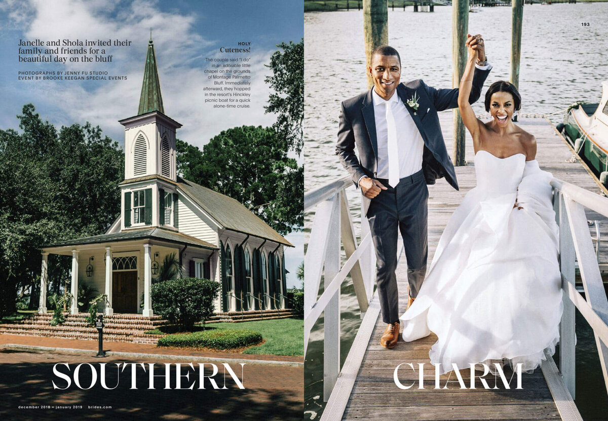 A page in the Brides Magazine with the chapel at the left and the bride and groom at the right. Image by Jenny Fu Studio