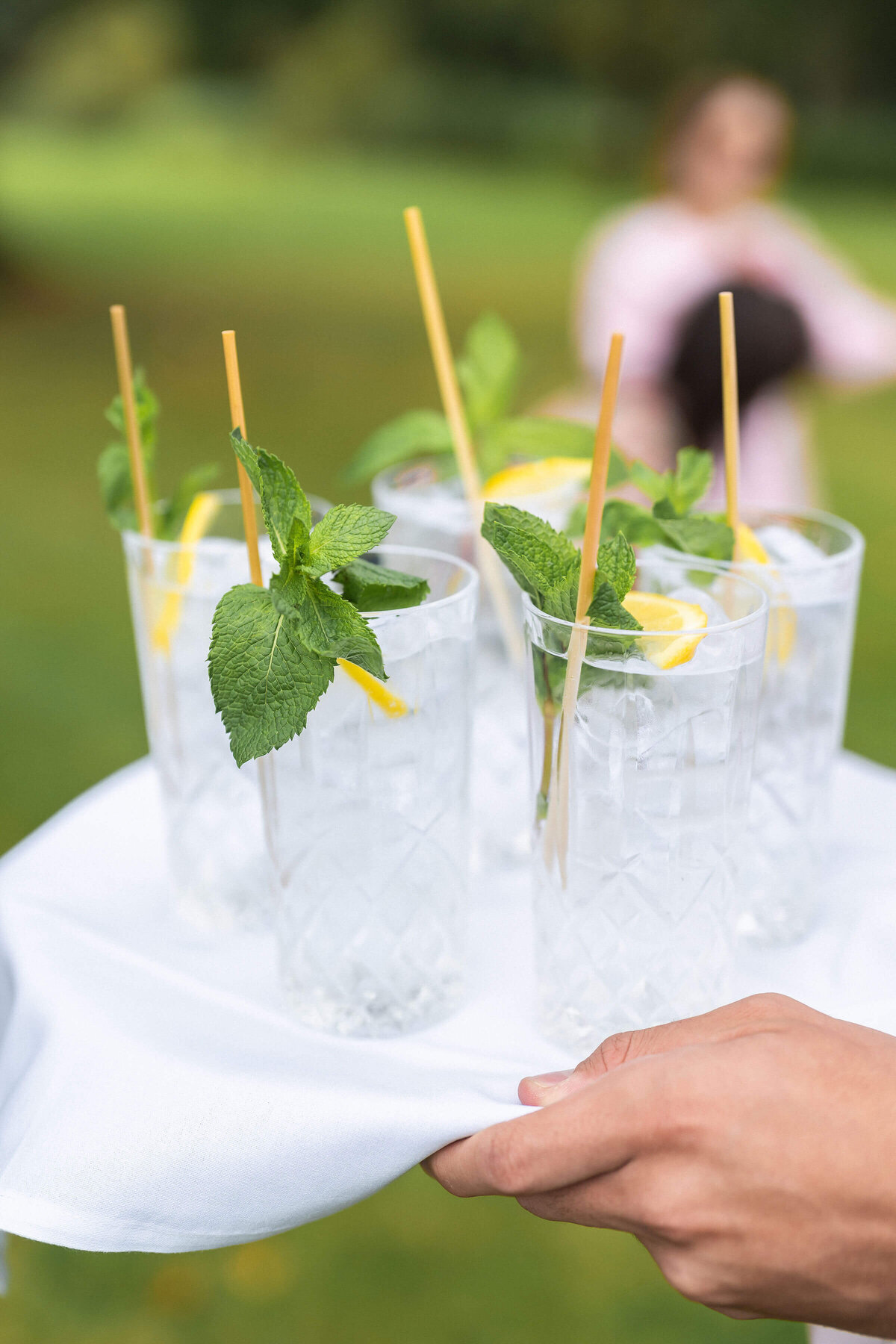 tray of gin and tonics in highball cut crystal glasses with sprigs of mint and slices of lemon for a 50th birthday drinks reception at avington park