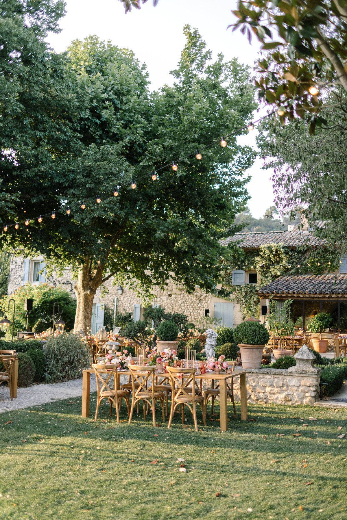 wedding reception  decor in garden of bastide de marie in provence france