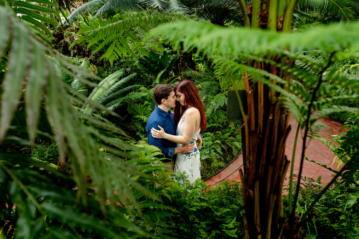 A couple embraces in the lush greenery at Lincoln Park Conservatory