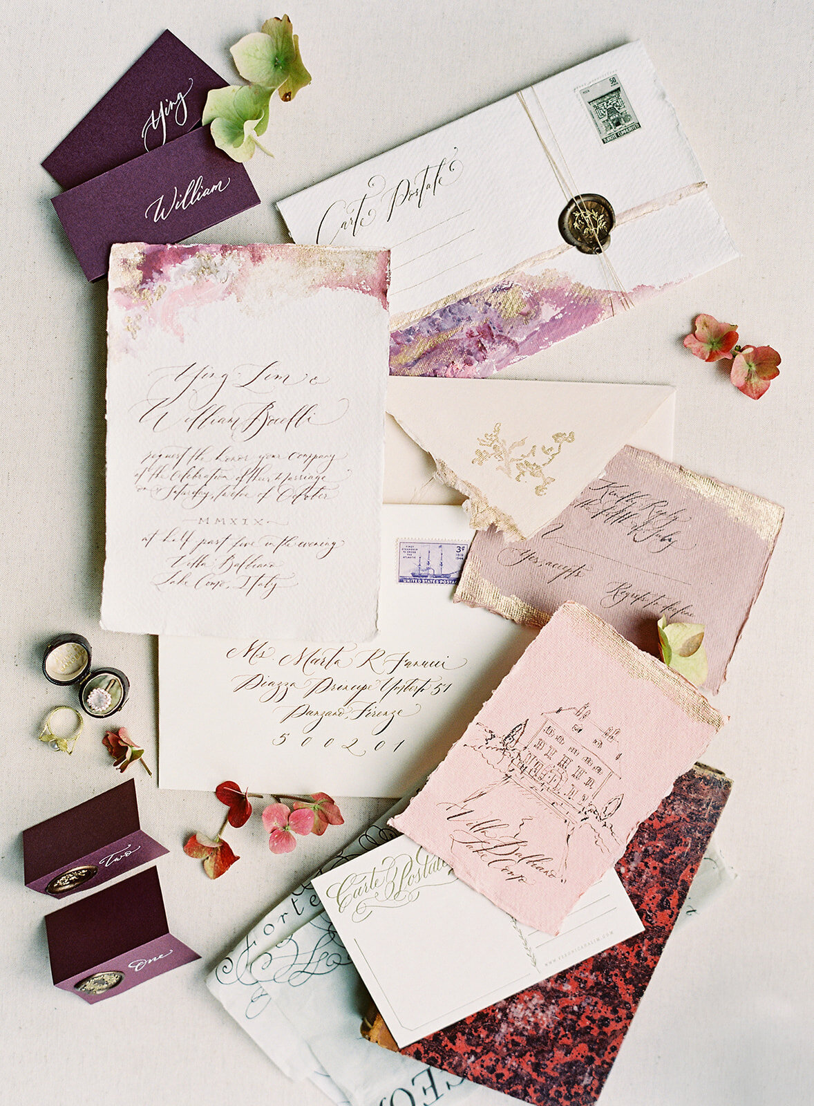 villa balbiano invitation suite flatlay