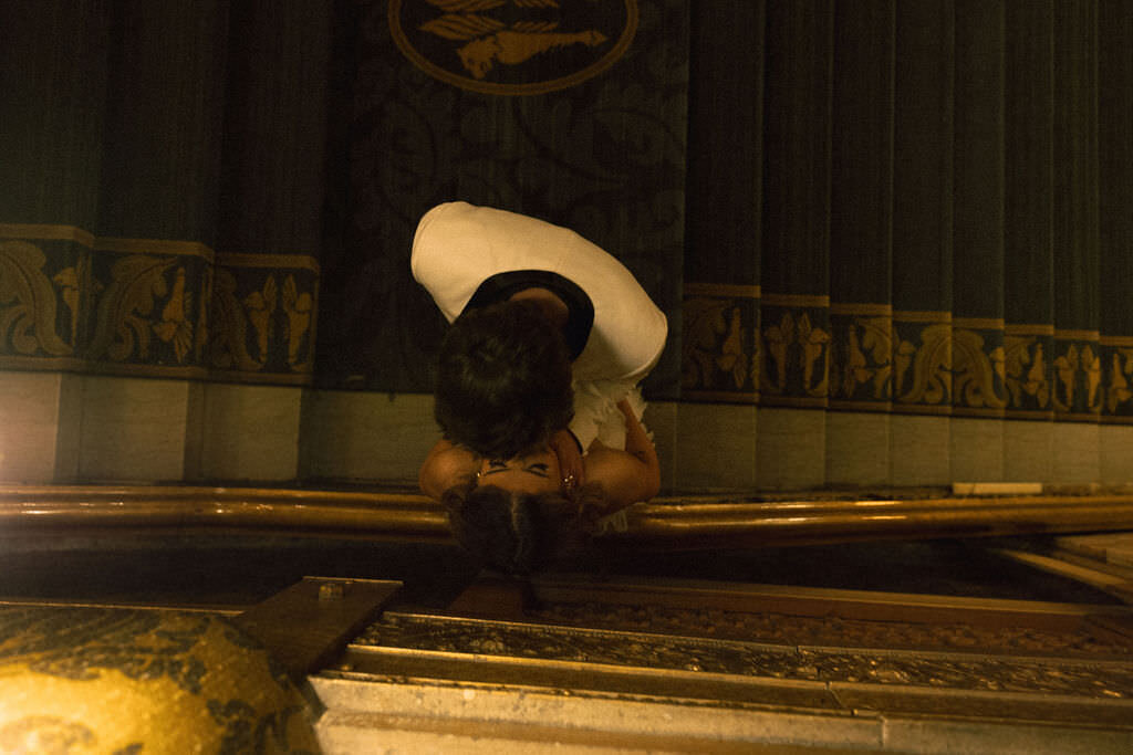 View from above of a newlywed couple kissing