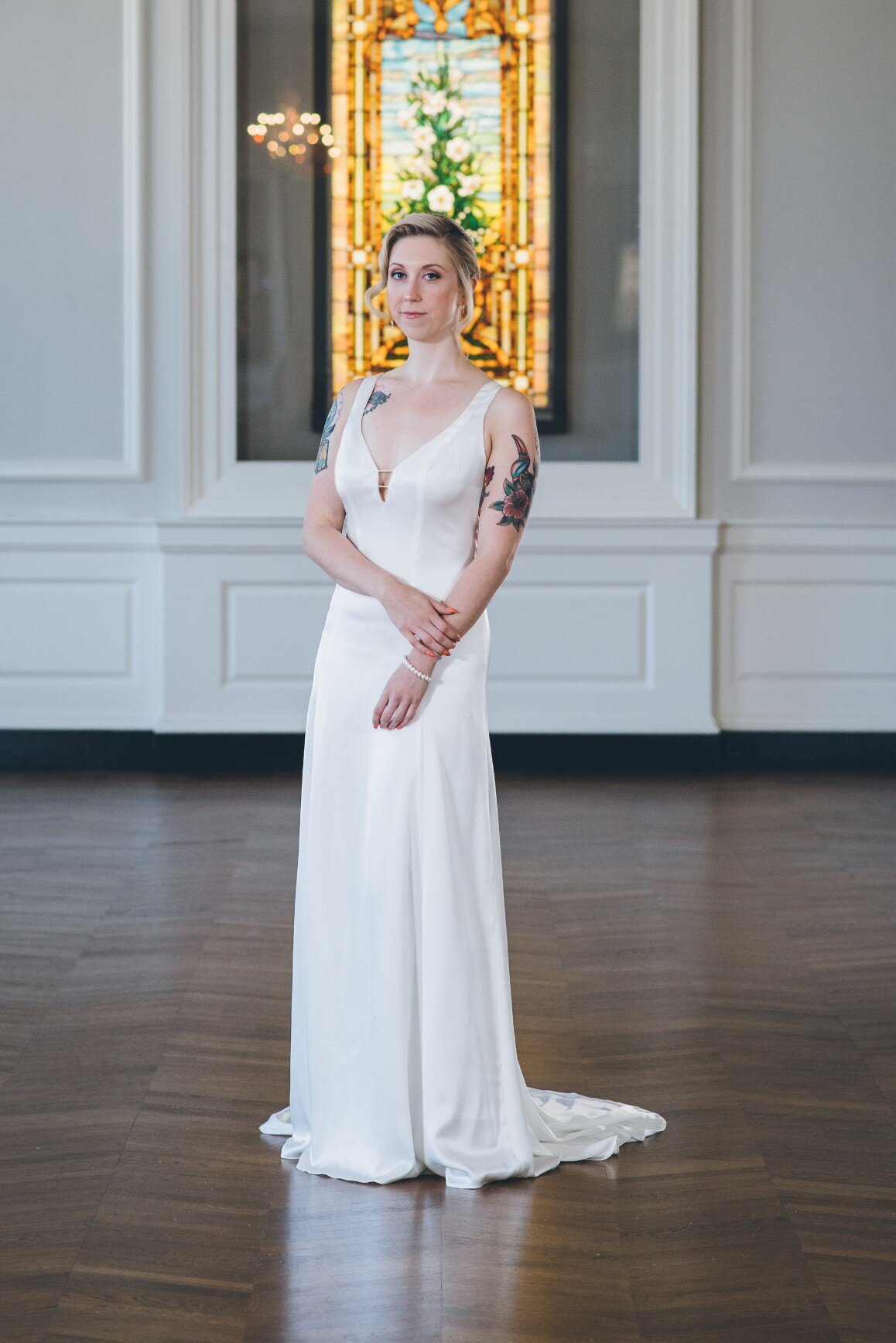 The Iset wedding dress is a v-neck charmeuse wedding dress by indie bridal designer Edith Elan.
