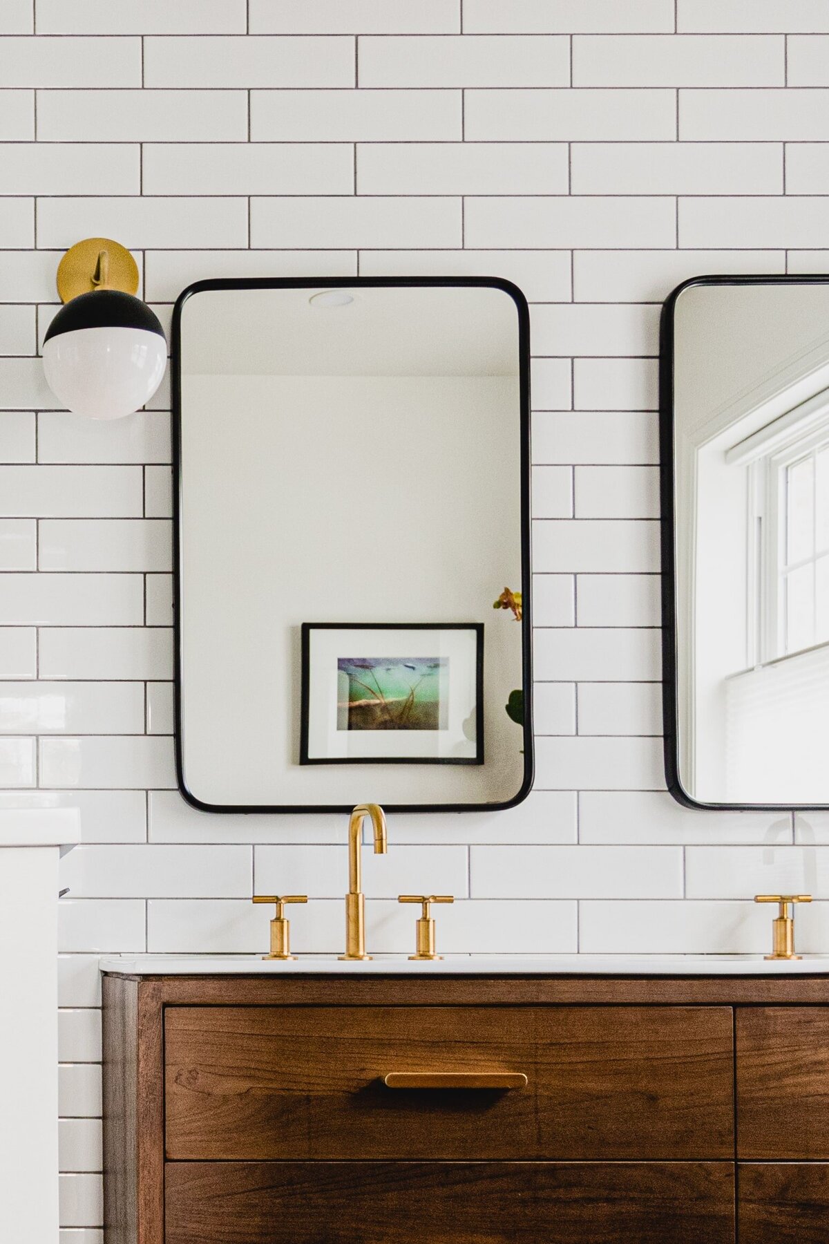 Custom New Build Bathroom Inspiration Modern Design with White Subway Tile Black Mirror Wood Vanity and Gold Fixtures