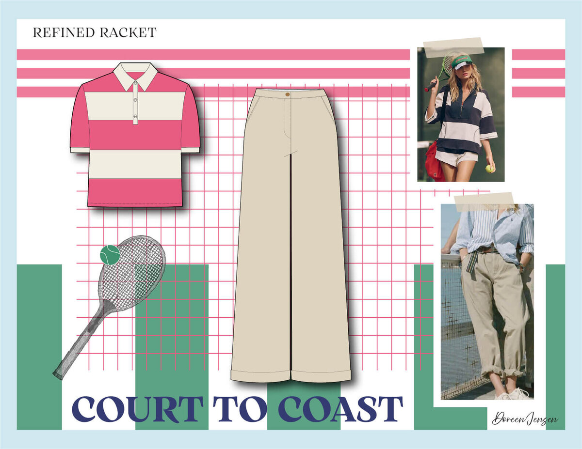 Outfit layout featuring a pink and ivory tennis-inspired top and wide-leg pant design from Doreen Apparel’s Refined Racket collection, blending sport and resort influences.