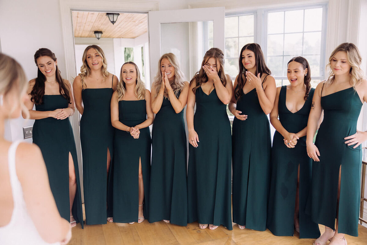 Bridesmaids lined up looking at bride