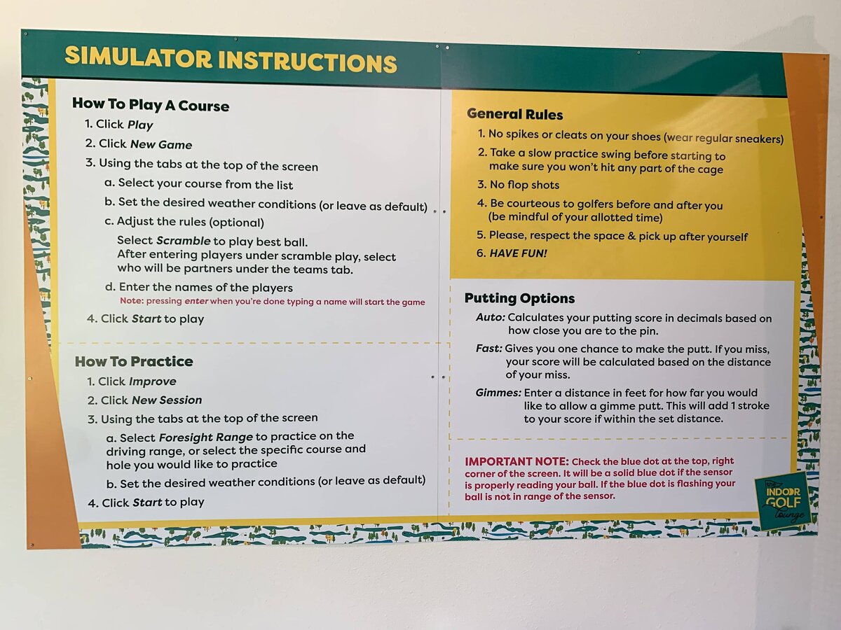 Branded instructions telling players how to use the golf simulator