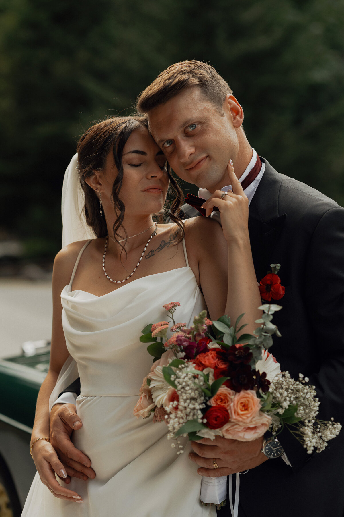 editorial pose of bride and groom during their wedding portraits at Caleb Pike Heritage Park in Victoria by Latitude 49 Photography