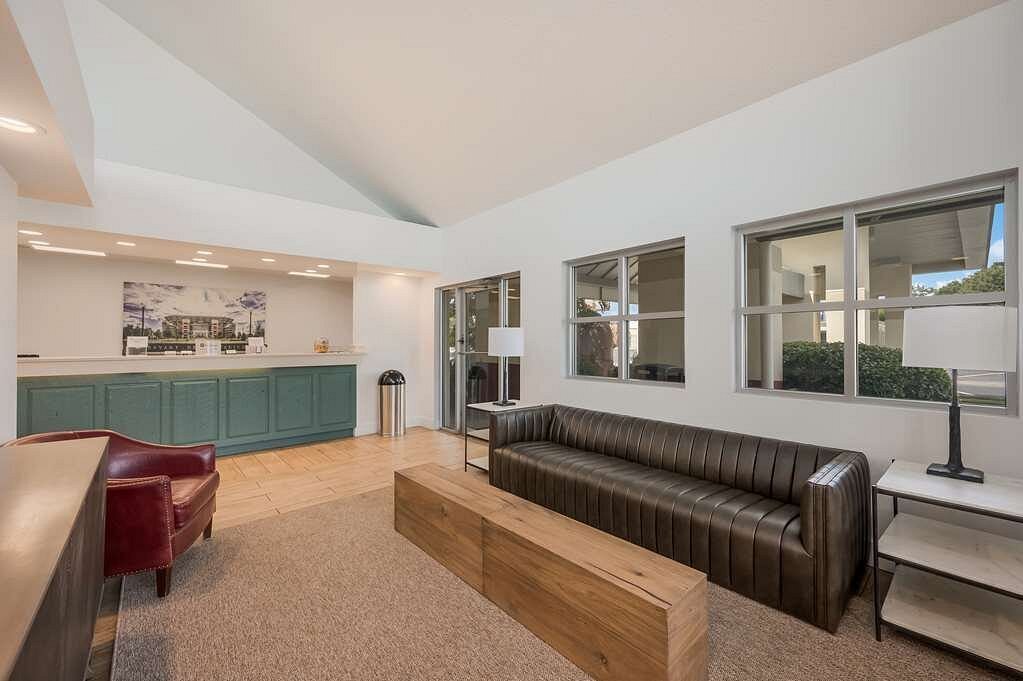 Modern hotel lobby with leather seating