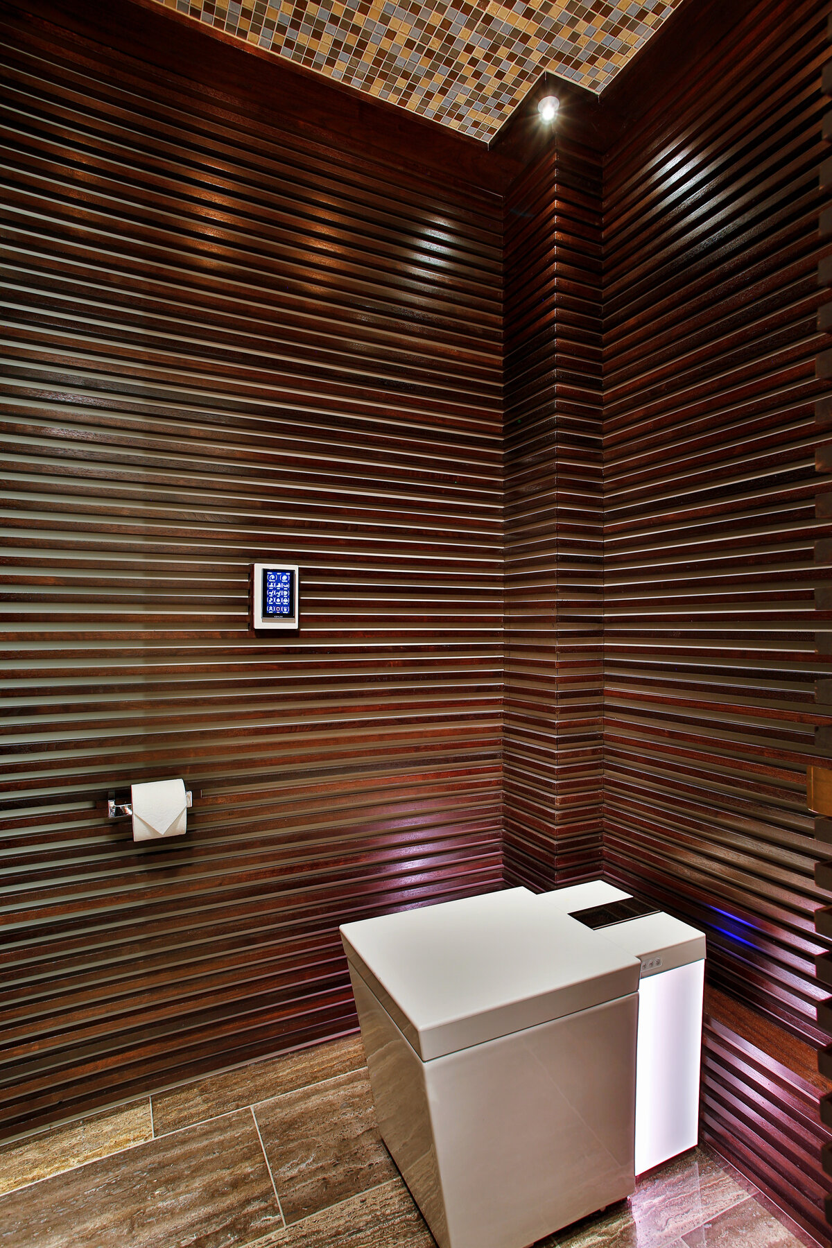 wood paneled toilet room