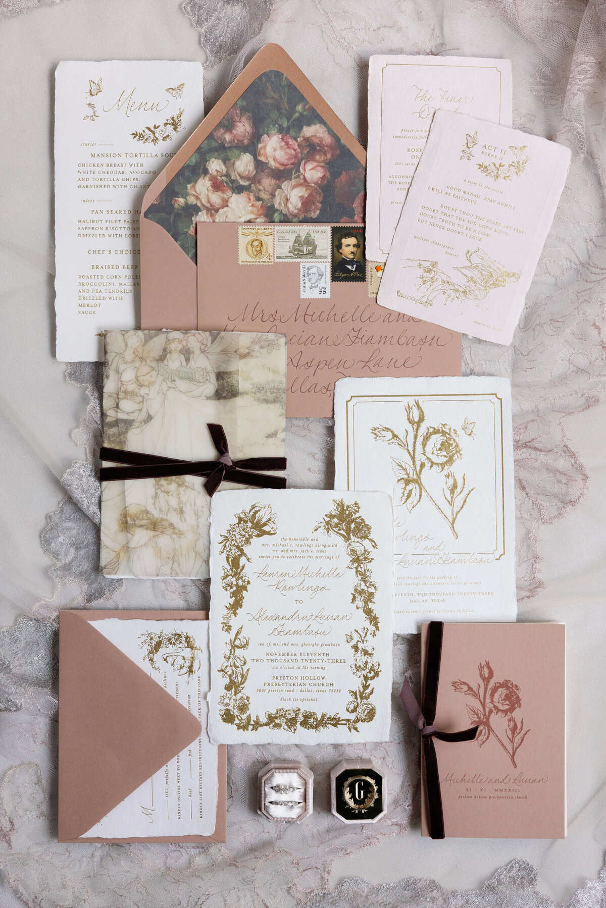 Romantic blush and gold wedding invitations by Ink And Press Co.
