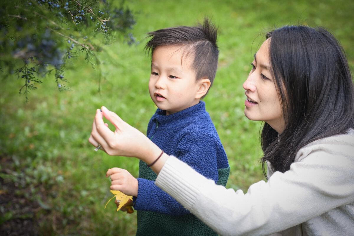 A parent looking at a tree with their child