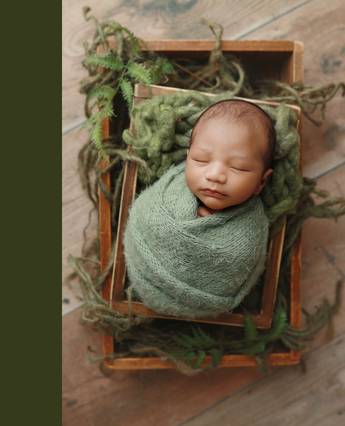 baby boy sleeping in a wooden prop with green ferns