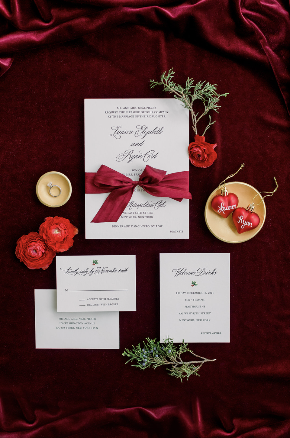 Custom Wedding Invitations for NYC Christmas Wedding