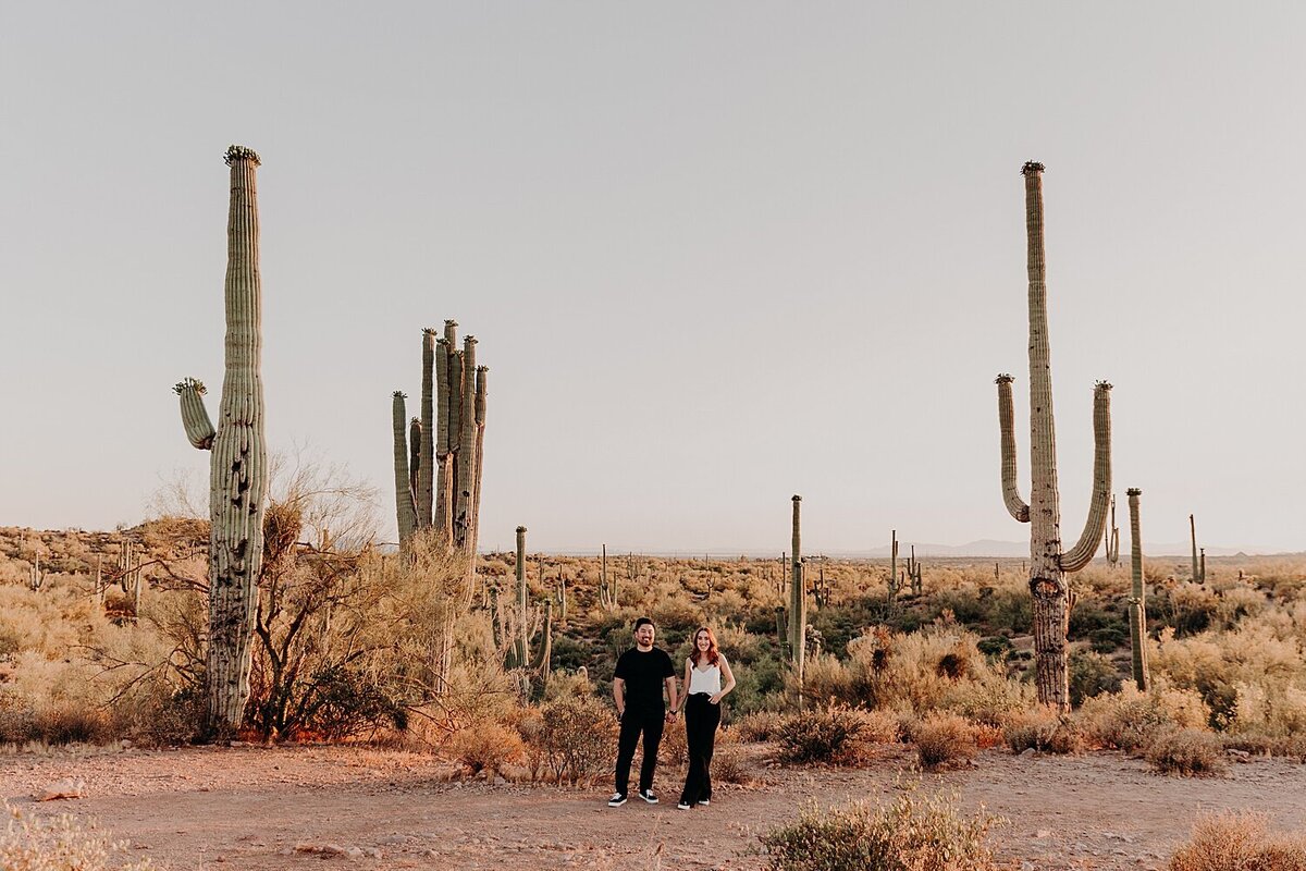 couple stand side by side in the desert for engagement photos