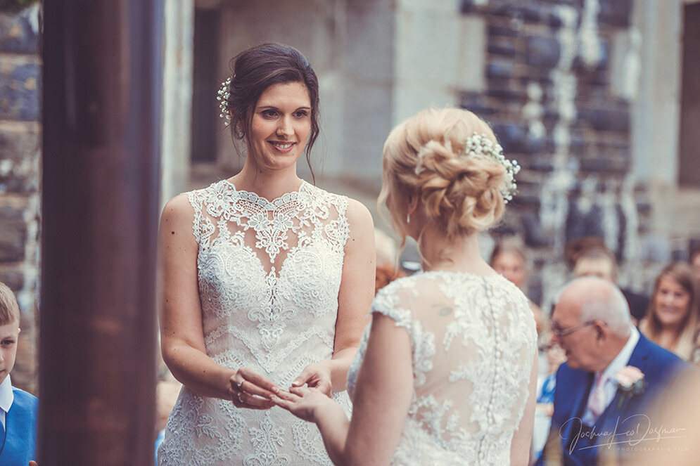 Two Bride's in bridal gowns exchanging rings